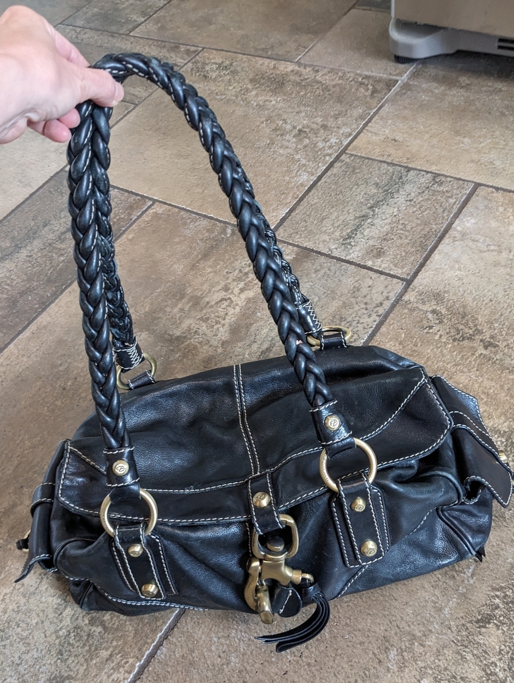 Francesco Biasia Leather East West Braided Handle Slouchy Baddie Shoulder Bag 🖤